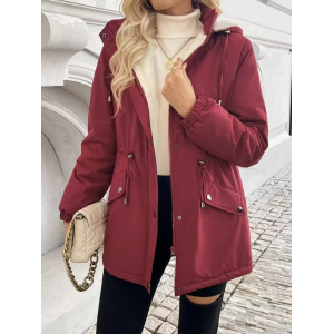 Women's Jacket] Heavy-Duty Thick Insulated Women's Winter Jacket - Hooded Collar, Full-Zip Closure & Drawstring Waist - Burgundy/Red - Machine Washable