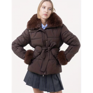 Women's faux fur collar jacket detachable, classic hooded coat with adjustable belt, winter-warm thickened Women's jacket, ladies' winter outerwear.