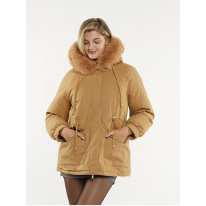 Women'S Winter Faux Fur Collar Zip-Up Parka Coat - Mid-Length Fleece Jacket with Large Pockets & Waist-Cinching, Camel Color, H-Line Silhouette, Full-Zip Closure