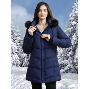 Women's Windproof Imitation Jacket with Hood & Faux-Fur Collar - Warm Quilted Coat, Two-Way Zipper, Multiple Pockets, Machine Washable, Mid-Length Winter