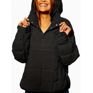 Women'S Oversized Hooded Down Jacket - Lightweight Warm Winter Coat with Full-Zip Front, Full-Length Zipper Closure, Button Closure Hood, Machine Washable Cold Weather Outerwear For Travel, Everyday 