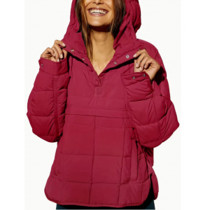 Women'S Oversized Hooded Down Jacket - Lightweight Warm Winter Coat with Full-Zip Front, Full-Length Zipper Closure, Button Closure Hood, Machine Washable Cold Weather Outerwear For Travel, Everyday 
